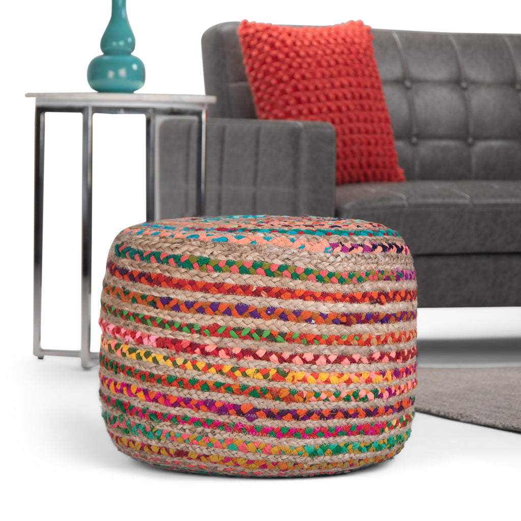 Margo 20 Inch Wide Round Pouf in Multi-Color Handwoven Jute and Cotton
