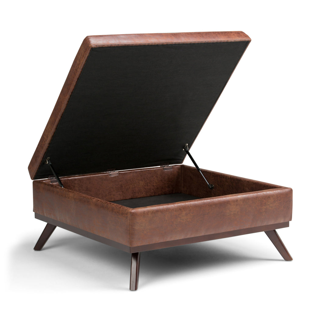 Owen 36 Inch Wide Square Coffee Table Storage Ottoman in Distressed Saddle