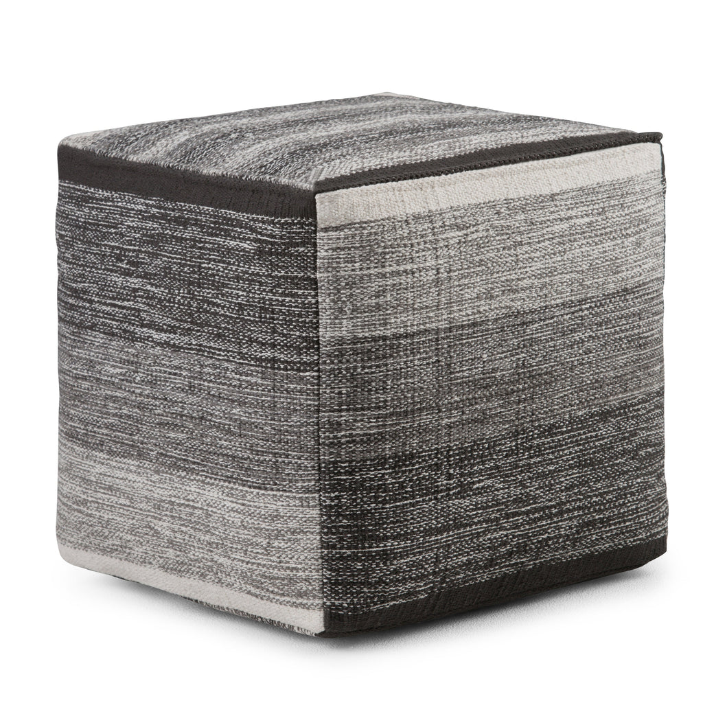 Naya 16 Inch Wide Cube Pouf in Black/Grey Handwoven Cotton