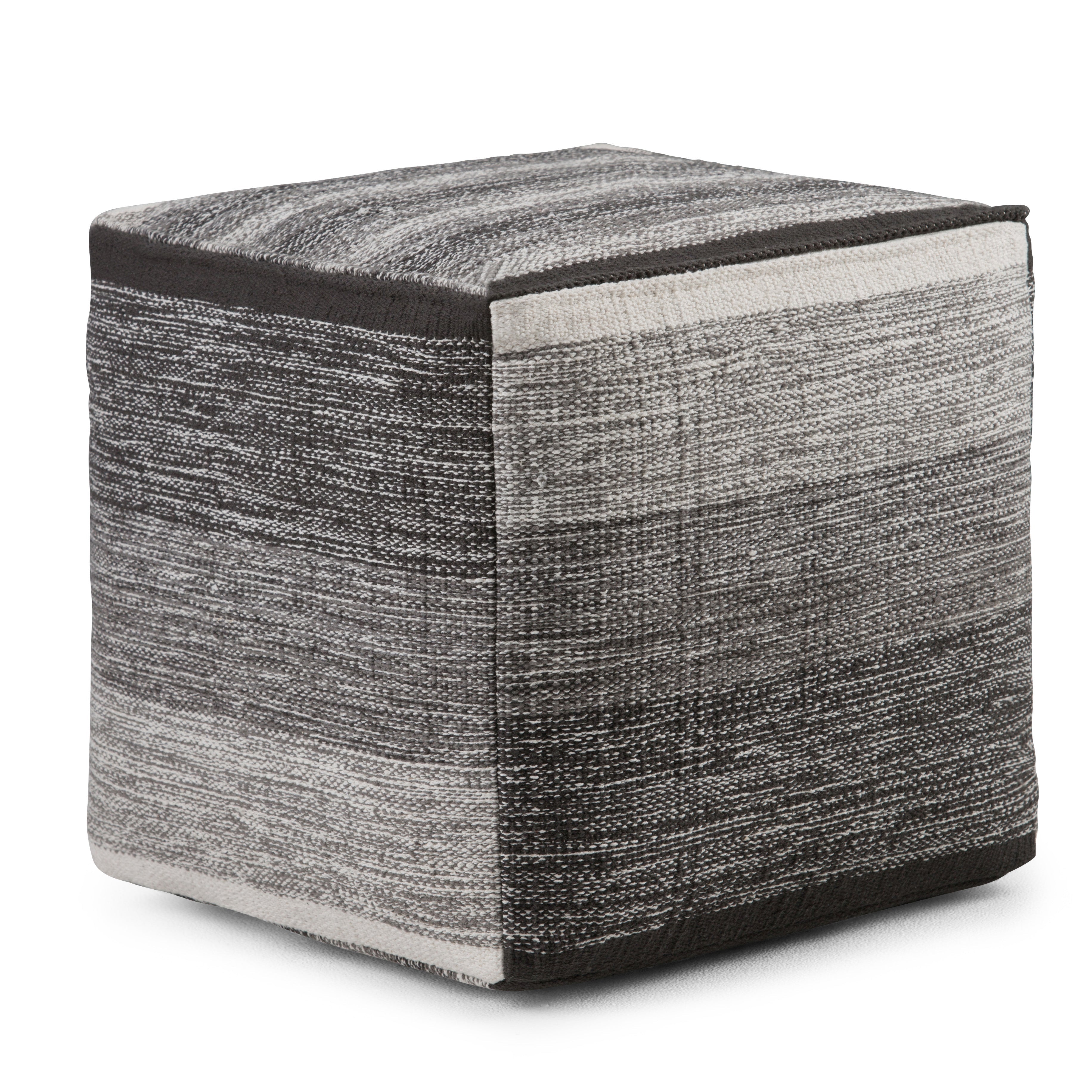 Naya 16 Inch Wide Cube Pouf in Black/Grey Handwoven Cotton