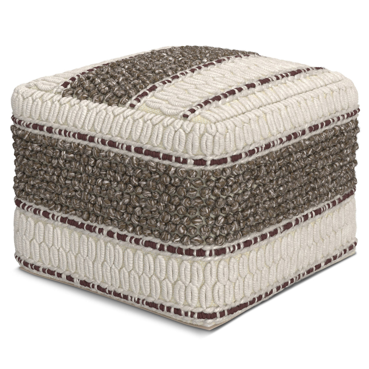 Grady 18 Inch Wide Square Pouf in Brown/Natural Handloom Wool and Cotton