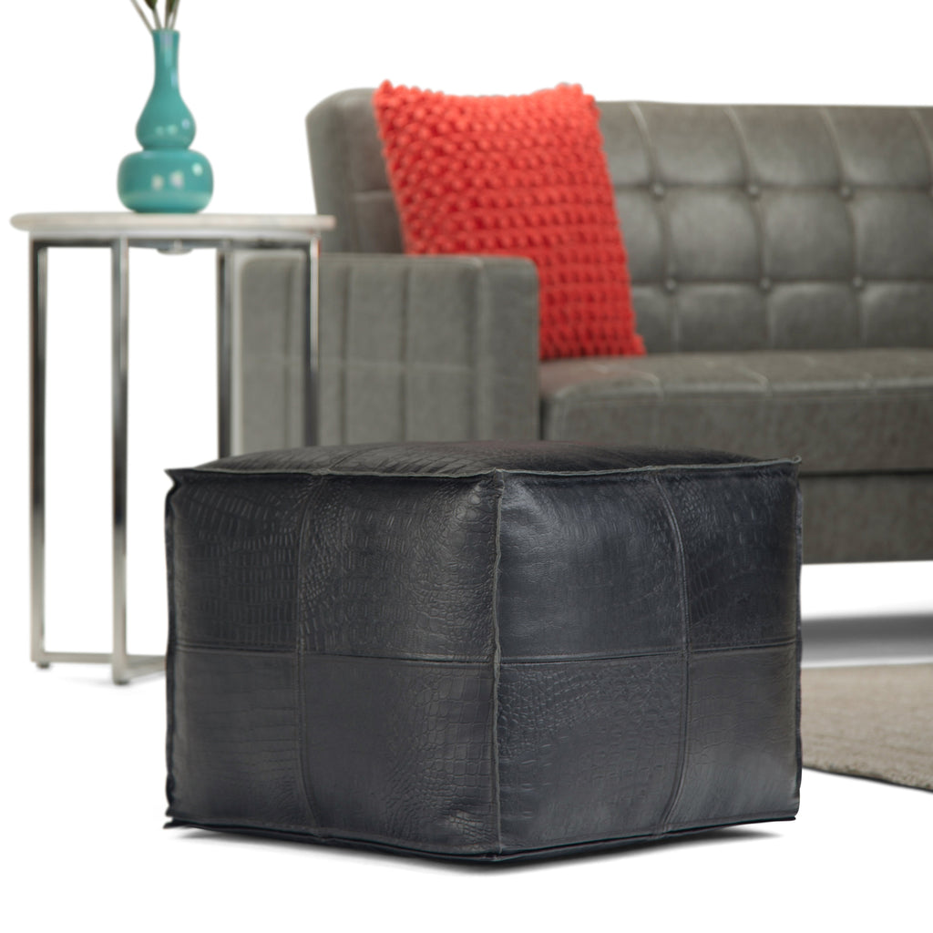 Brody 18 Inch Wide Square Top Stitch Pouf in Textured
