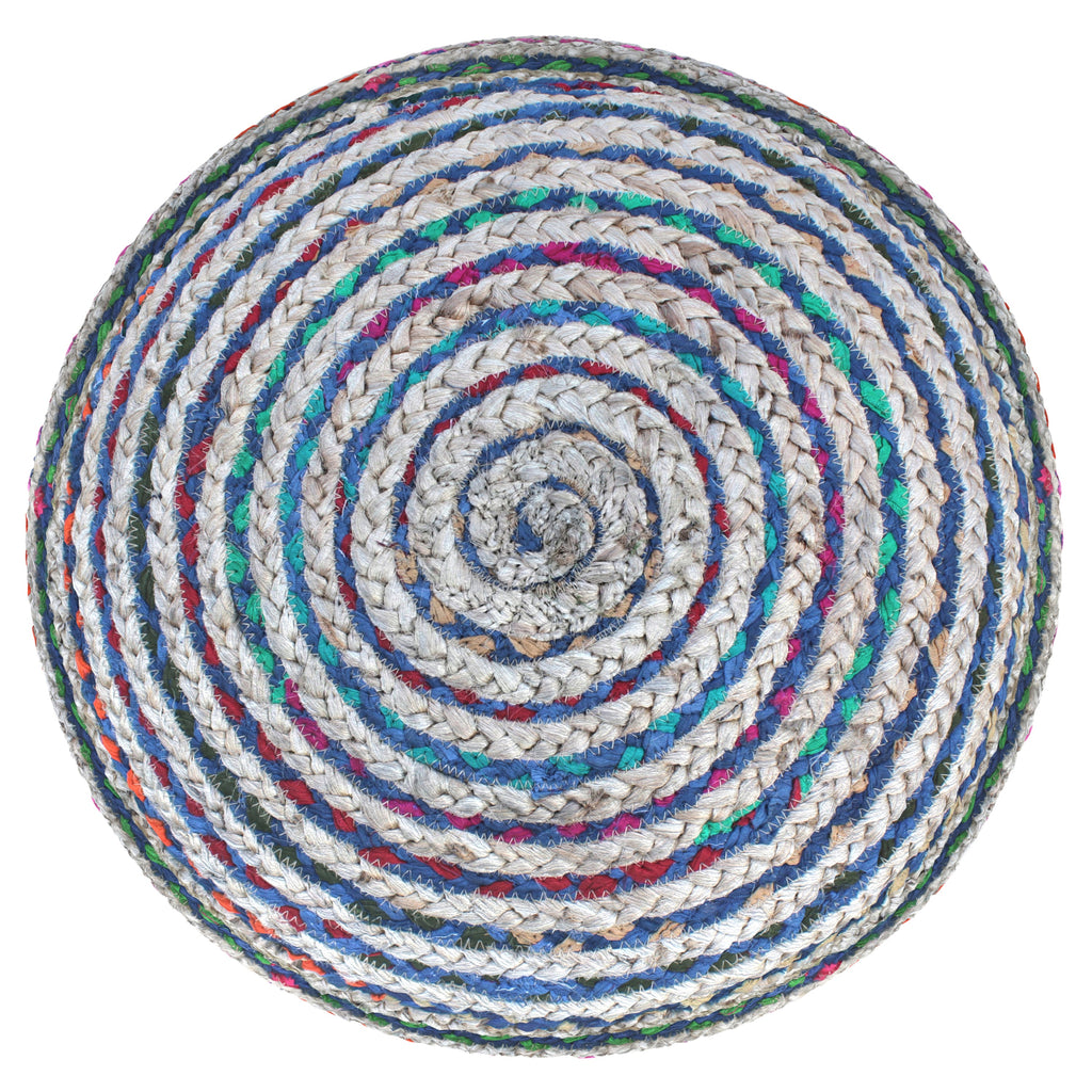 Margo 20 Inch Wide Round Pouf in Multi-Blue Handwoven Jute and Cotton