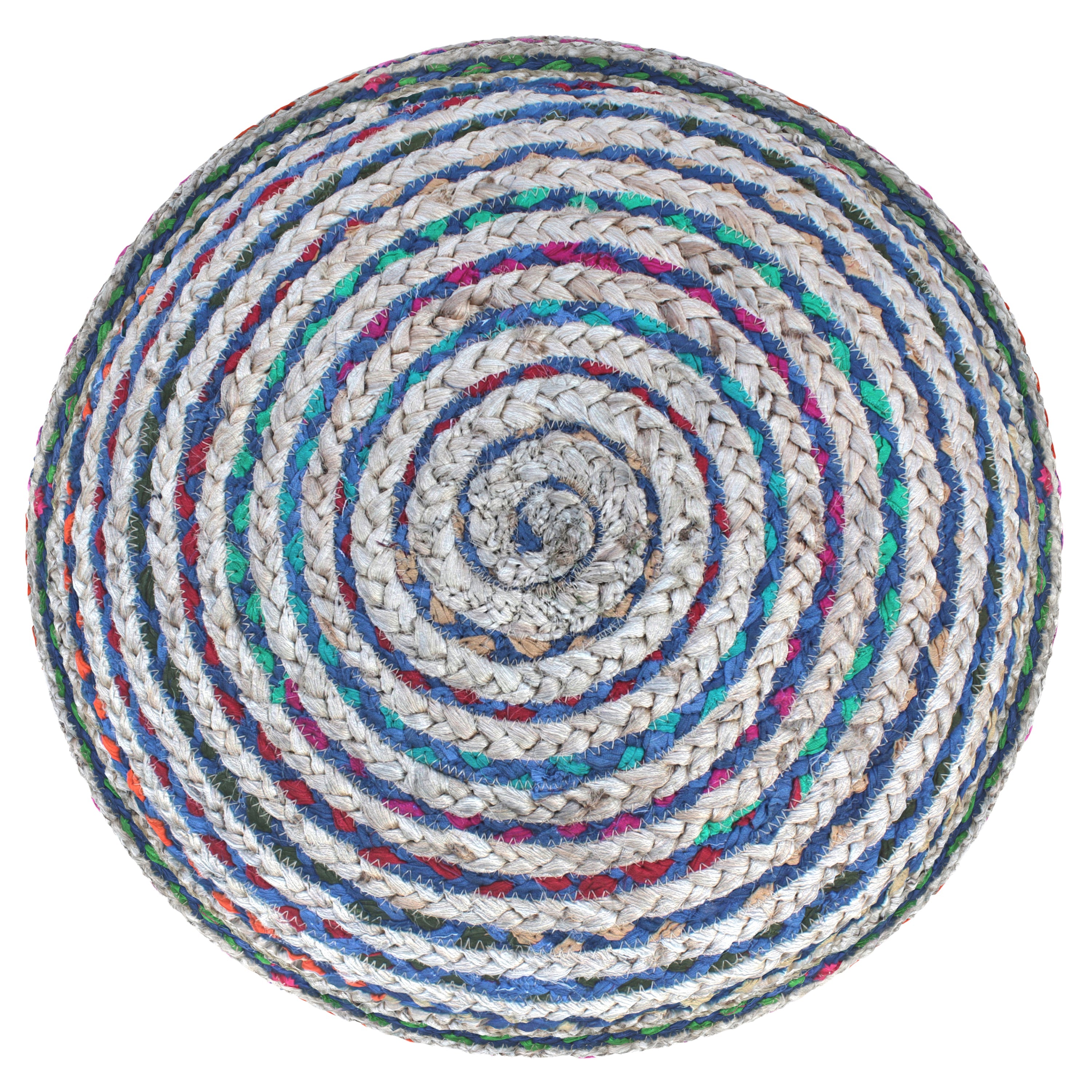 Margo 20 Inch Wide Round Pouf in Multi-Blue Handwoven Jute and Cotton