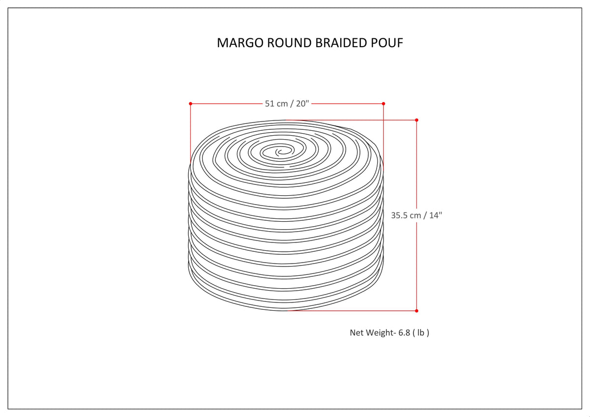 Margo 20 Inch Wide Round Pouf in Multi-Blue Handwoven Jute and Cotton