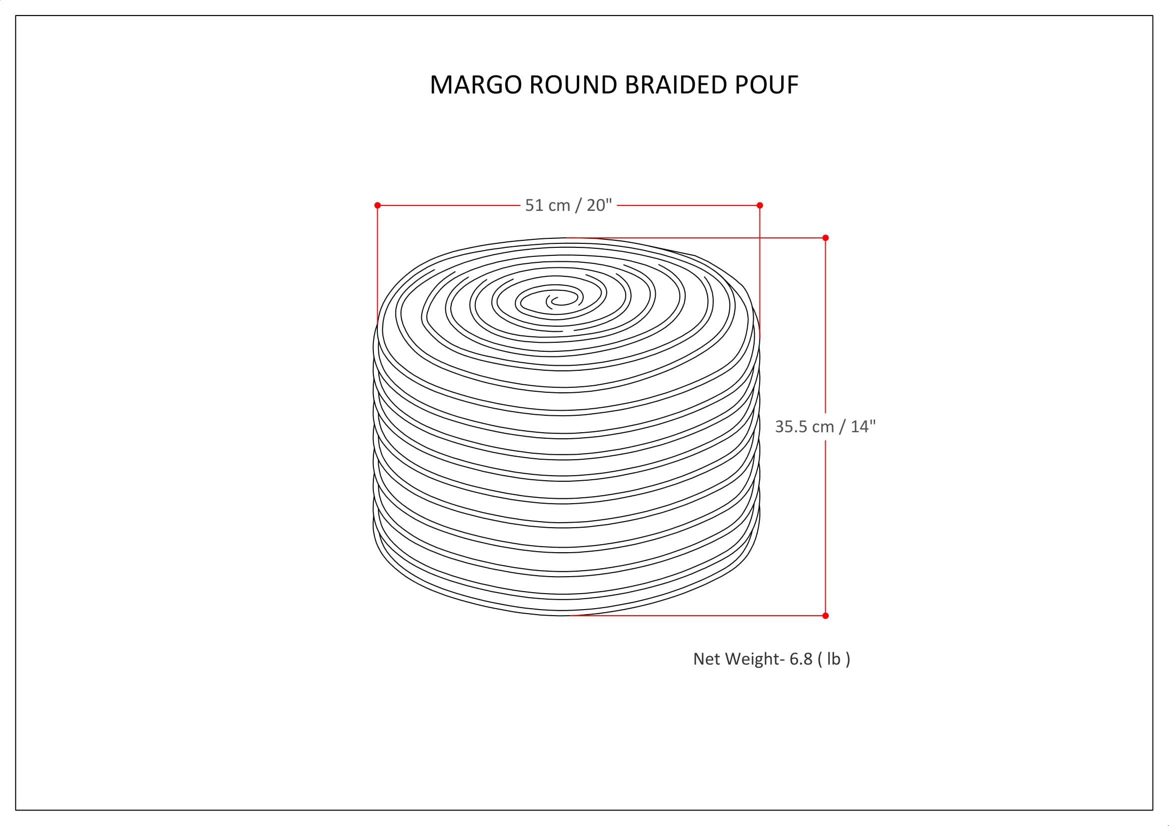 Margo 20 Inch Wide Round Pouf in Multi-Color Handwoven Jute and Cotton