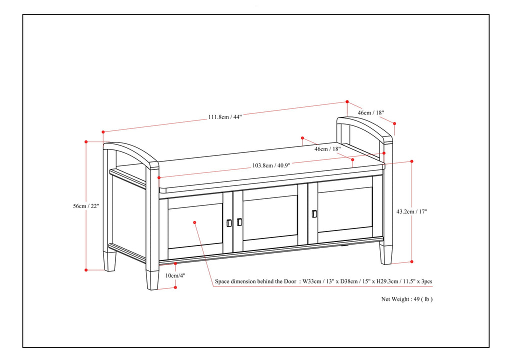Warm Shaker 44" Wide Solid Wood Entryway Storage Bench