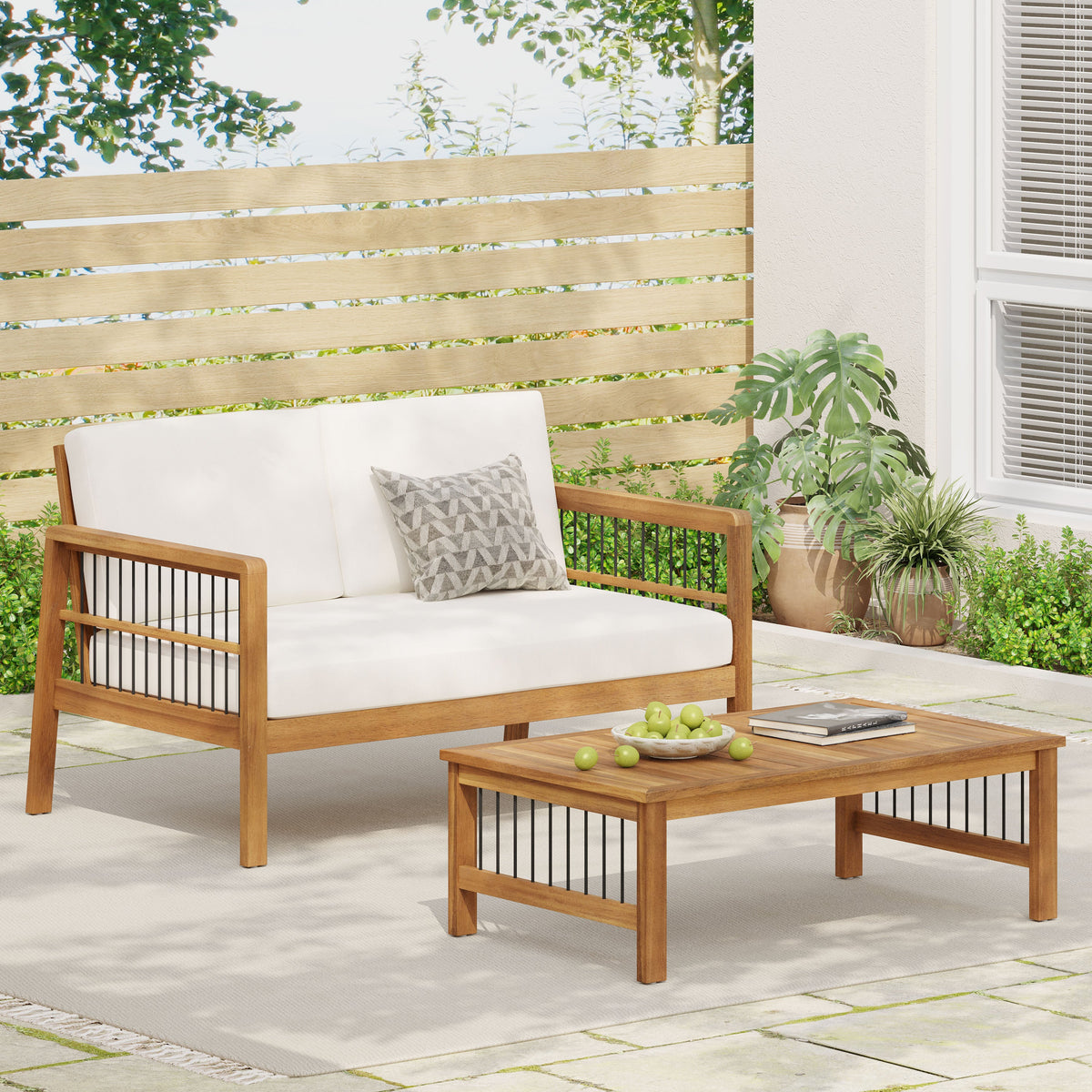 Outdoor Acacia Wood and Iron Loveseat and Coffee Table Set