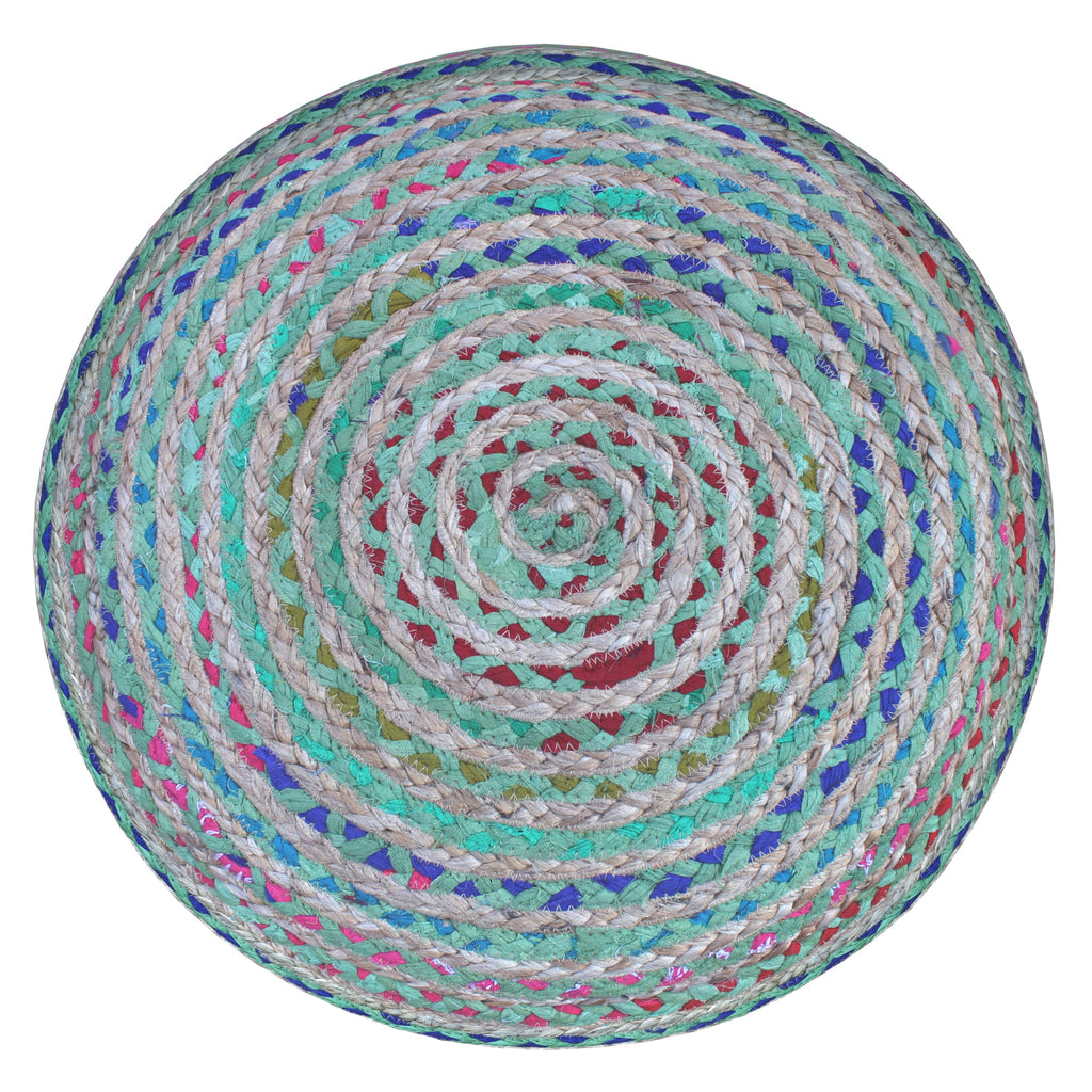 Margo 20 Inch Wide Round Pouf in Multi-Green Handwoven Jute and Cotton