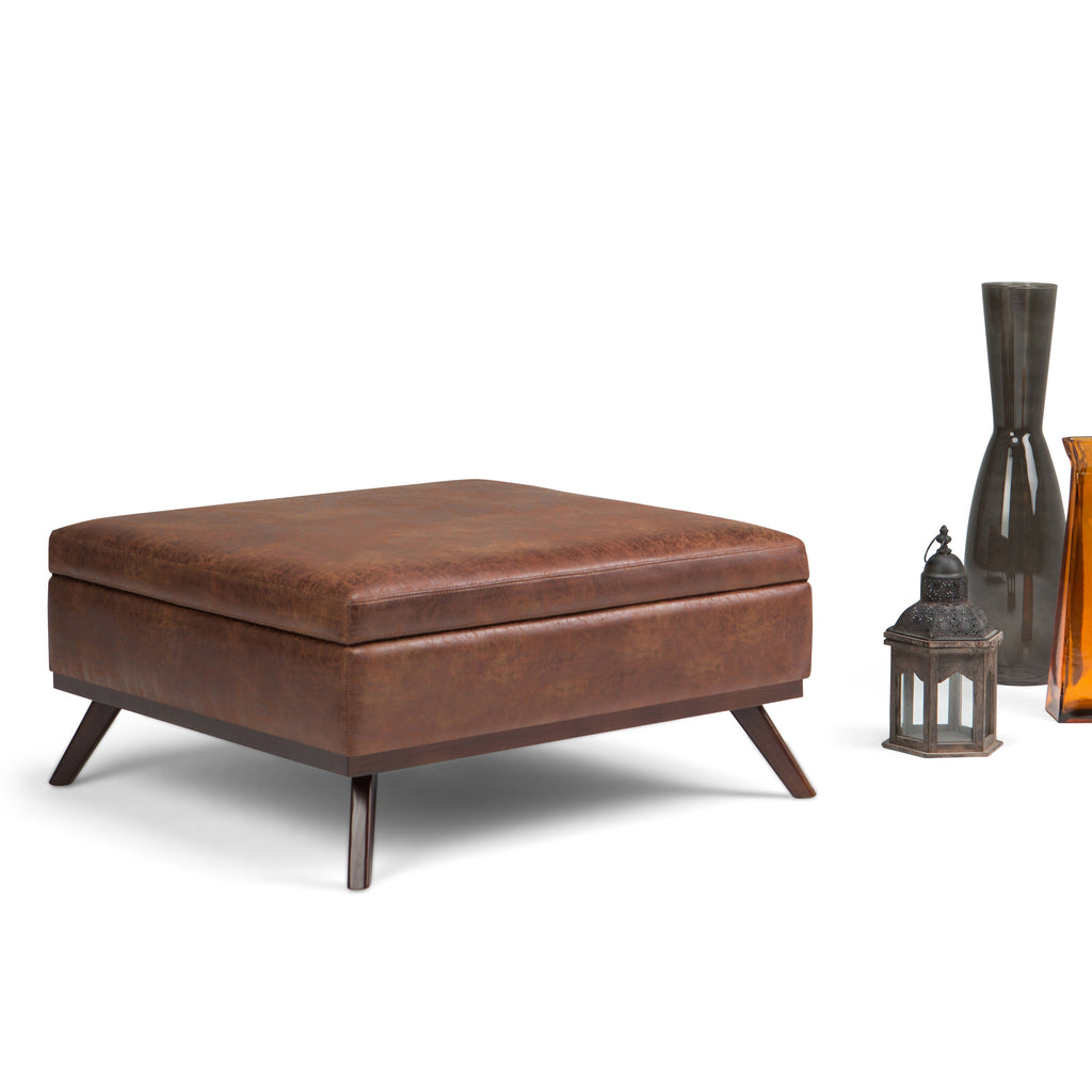 Owen 36 Inch Wide Square Coffee Table Storage Ottoman in Distressed Saddle
