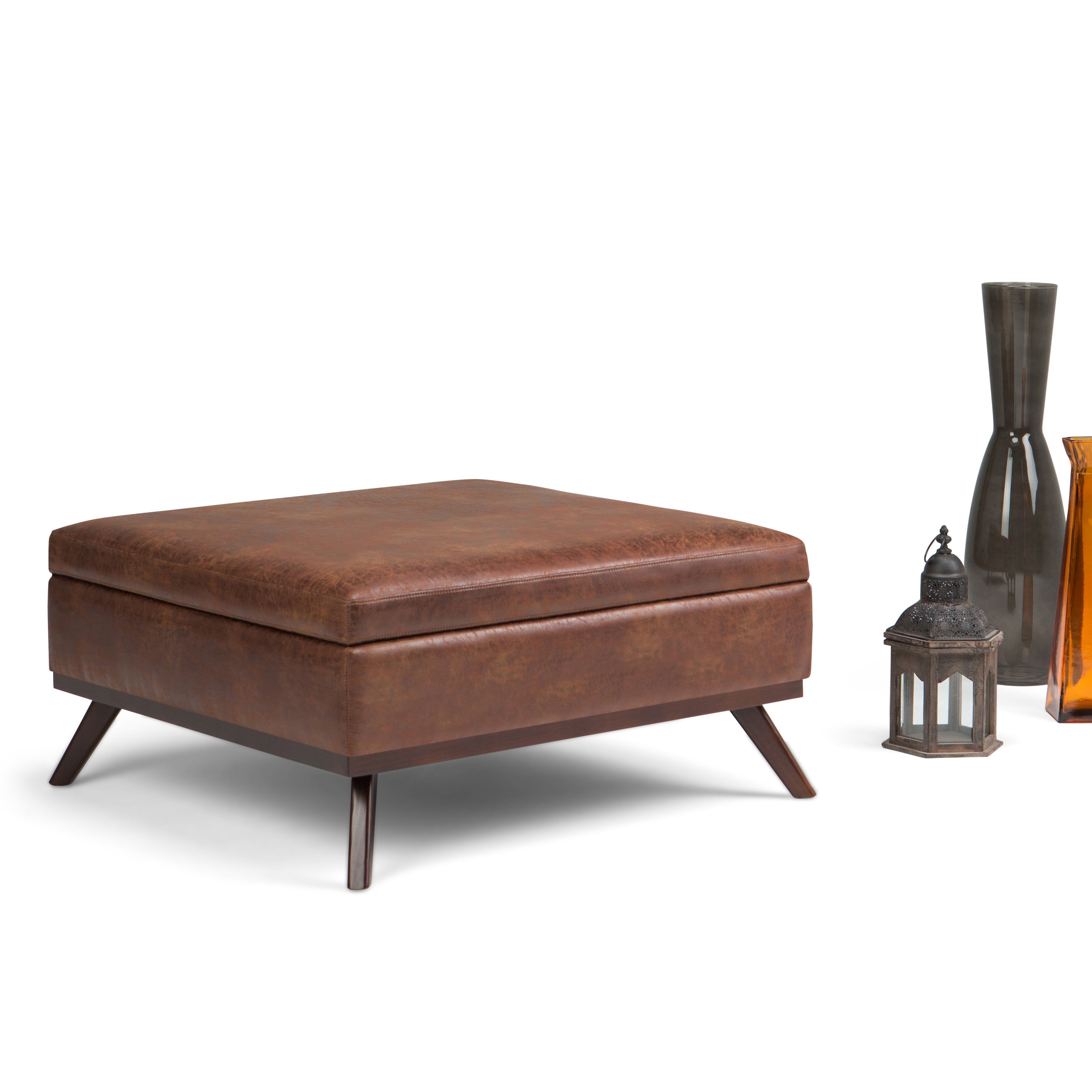 Owen 36 Inch Wide Square Coffee Table Storage Ottoman in Distressed Saddle
