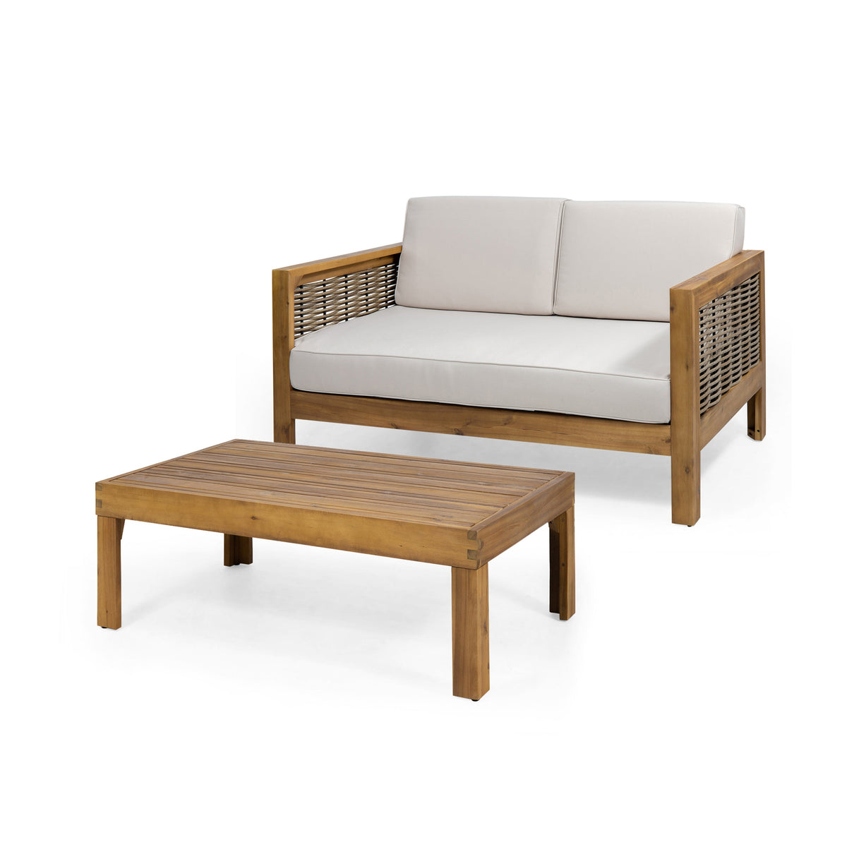 Outdoor Acacia Wood and Wicker Loveseat and Coffee Table Set with Cushions