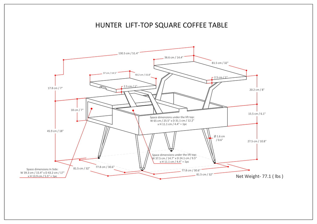 Hunter 32 Inch Wide Solid Mango Wood Lift Top Square Coffee Table