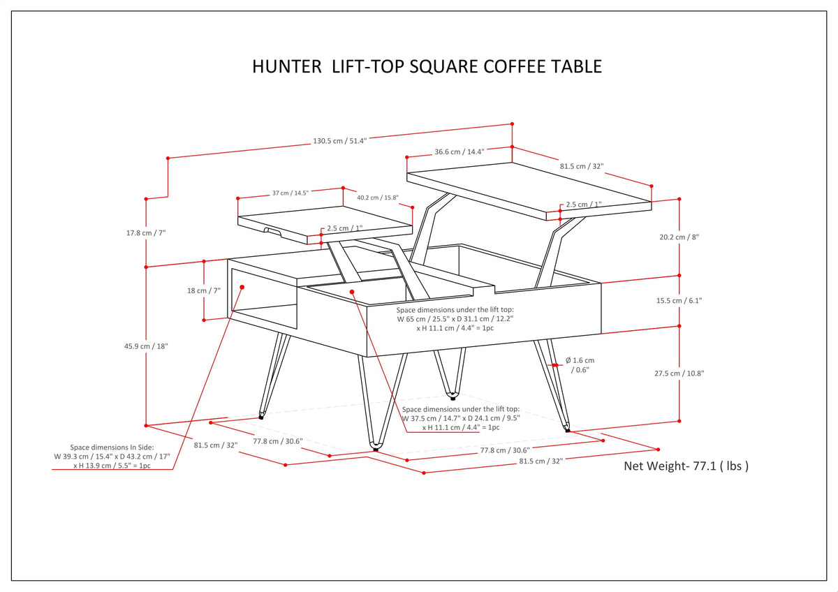 Hunter 32 Inch Wide Solid Mango Wood Lift Top Square Coffee Table