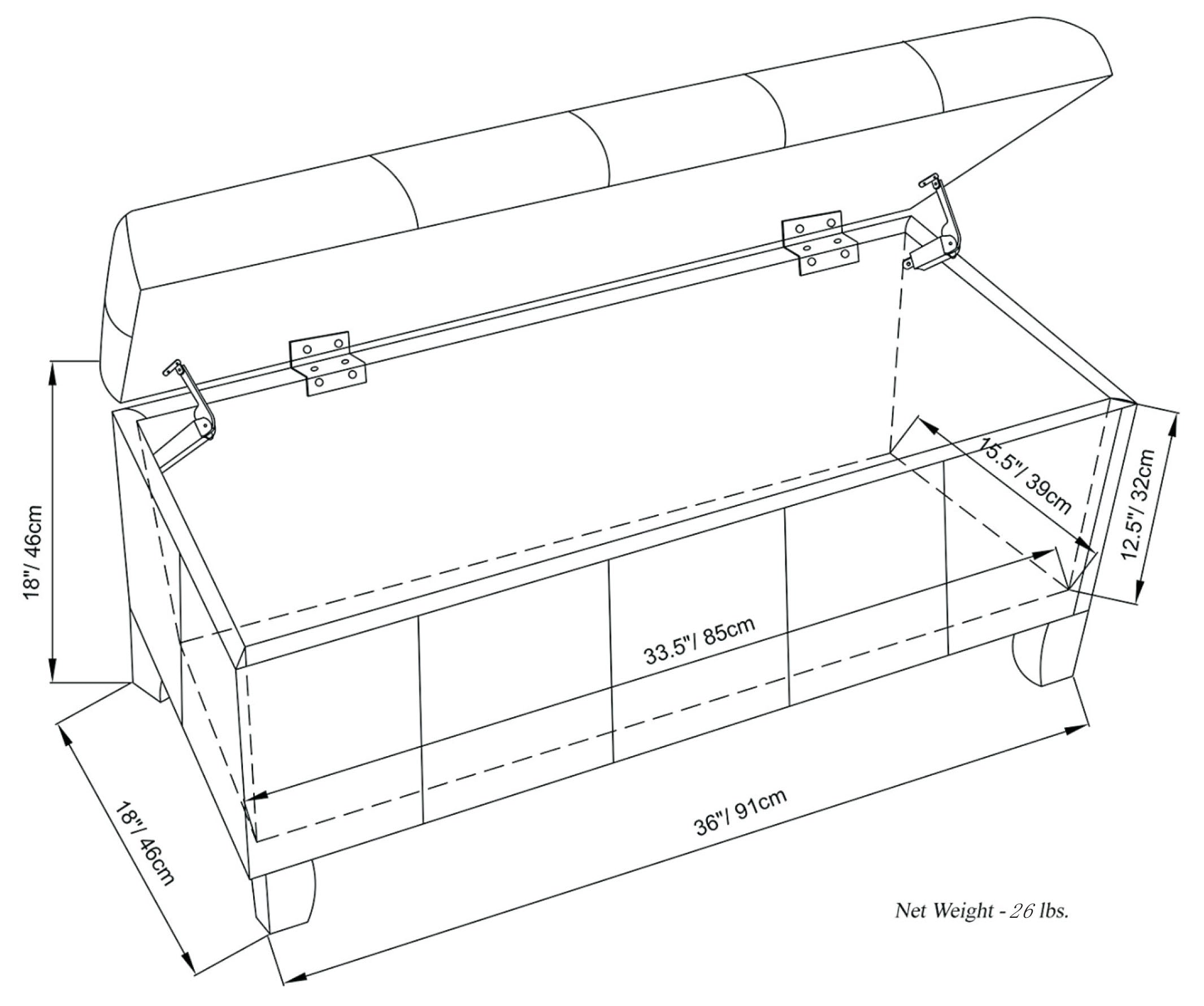 Dover 36 Inch Wide Storage Ottoman Bench in Satin