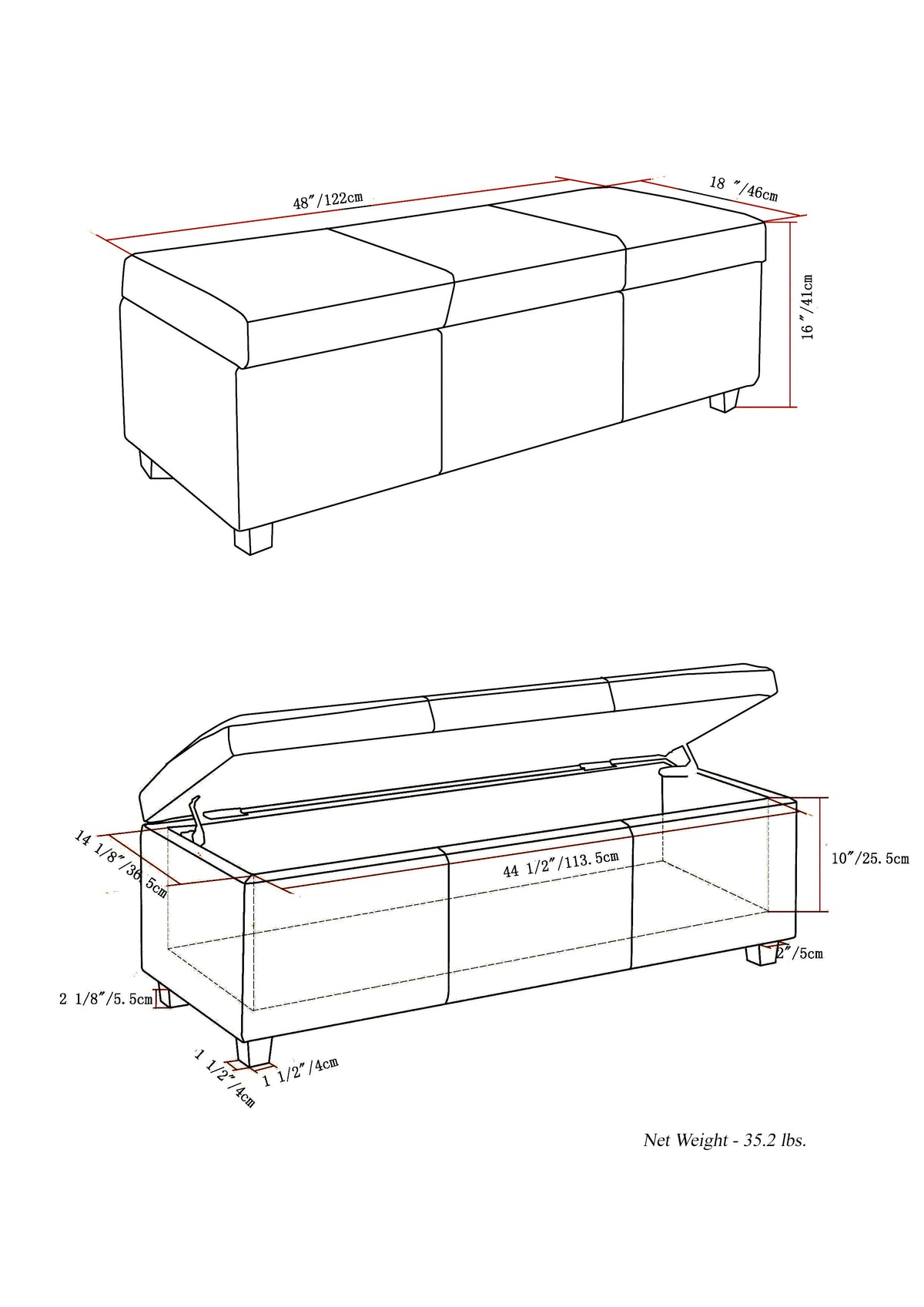 Avalon 48 Inch Wide Storage Ottoman Bench in Denim