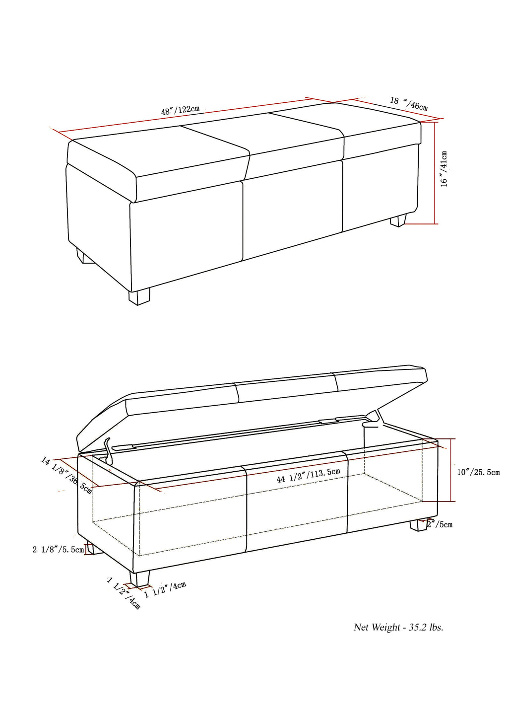 Avalon 48 Inch Wide Storage Ottoman Bench in Distressed