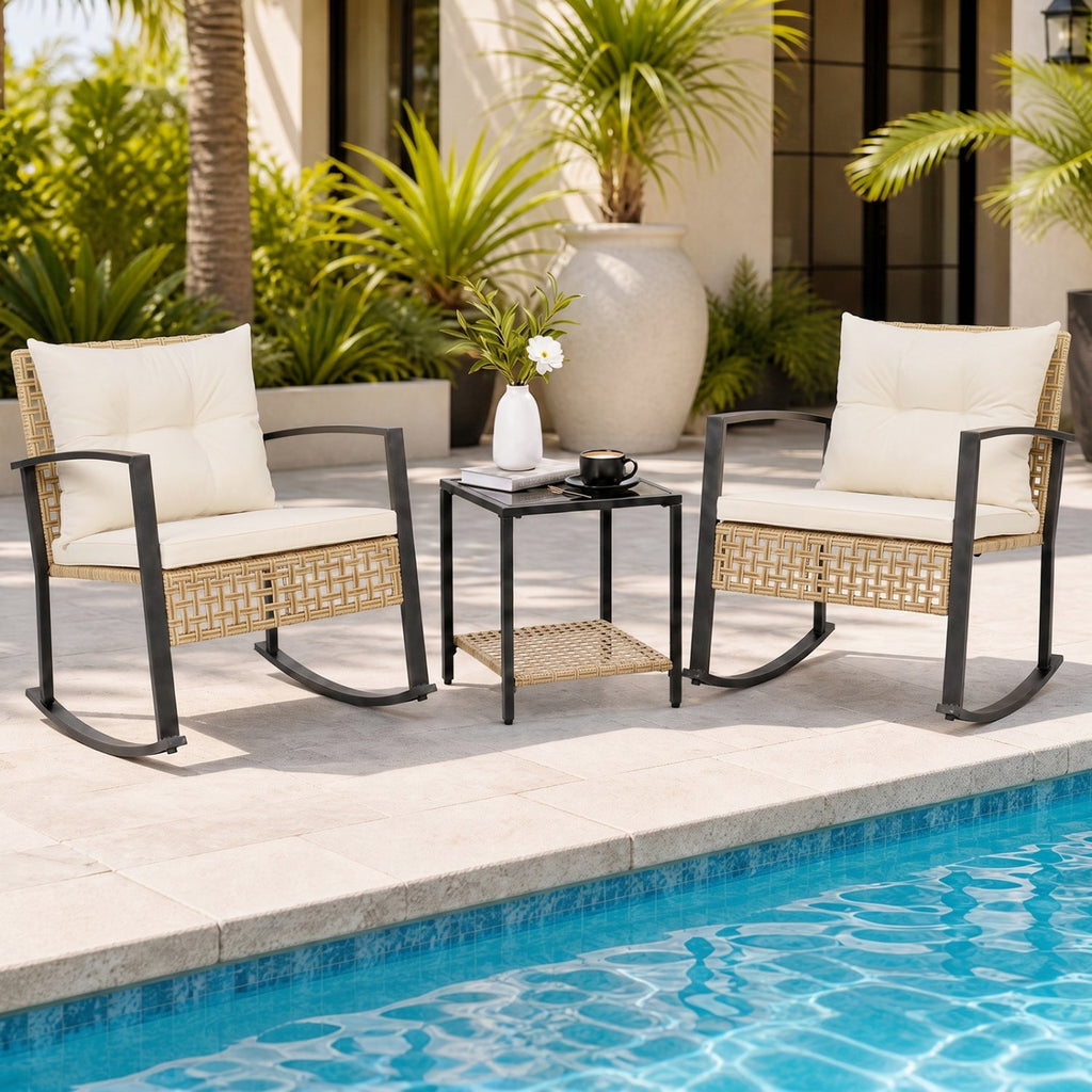 3-Piece Rattan Patio Conversation Set with Rocking Chairs