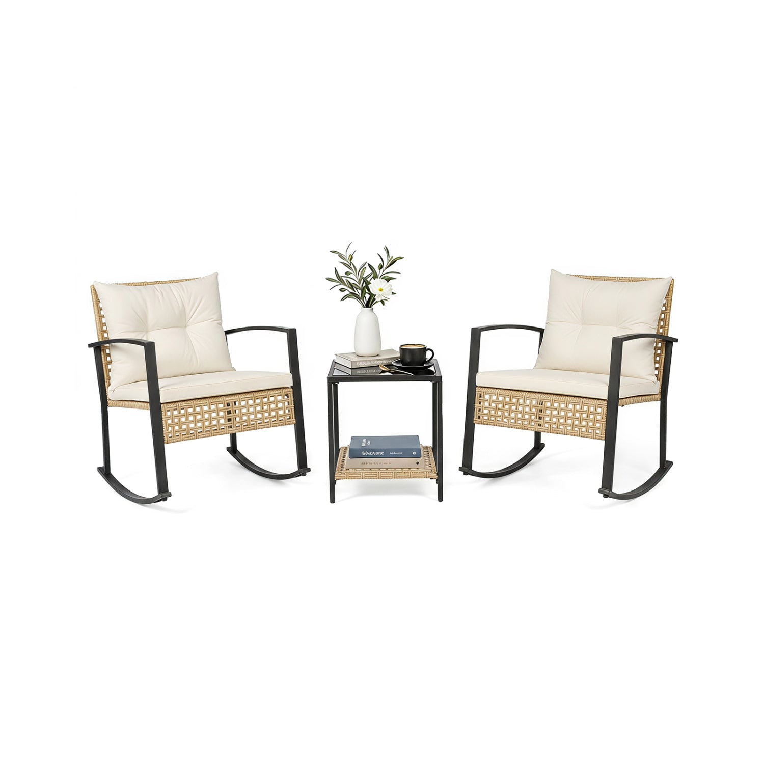 3-Piece Rattan Patio Conversation Set with Rocking Chairs