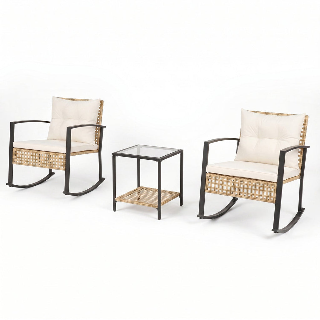 3-Piece Rattan Patio Conversation Set with Rocking Chairs