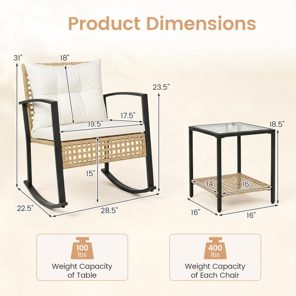 3-Piece Rattan Patio Conversation Set with Rocking Chairs