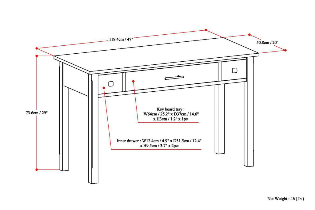 Avalon 47 Inch Wide Solid Wood Writing Office Desk in Brunette