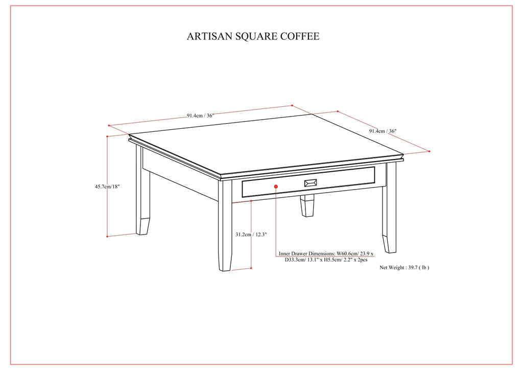 Artisan 36 Inch Wide Solid Wood Square Coffee Table in Russet