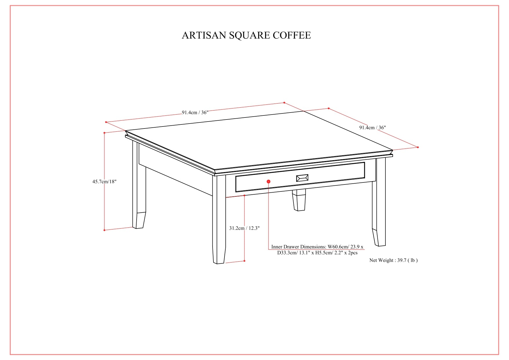 Artisan 36 Inch Wide Solid Wood Square Coffee Table in Russet
