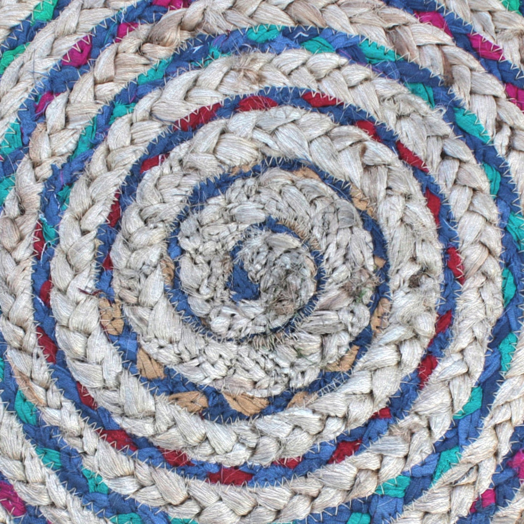 Margo 20 Inch Wide Round Pouf in Multi-Blue Handwoven Jute and Cotton