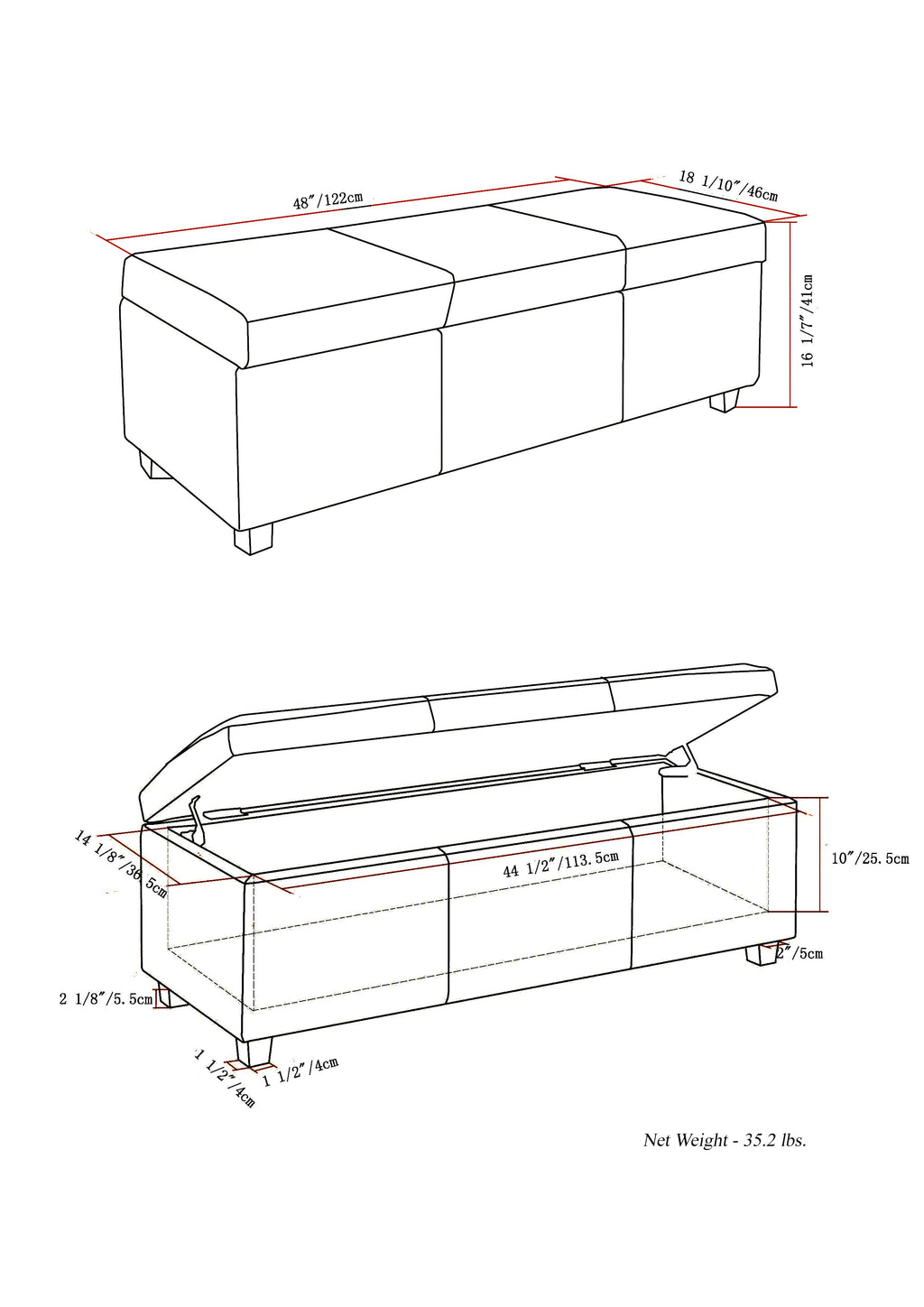 Avalon 48-Inch Wide Storage Ottoman Bench in Soft Blue
