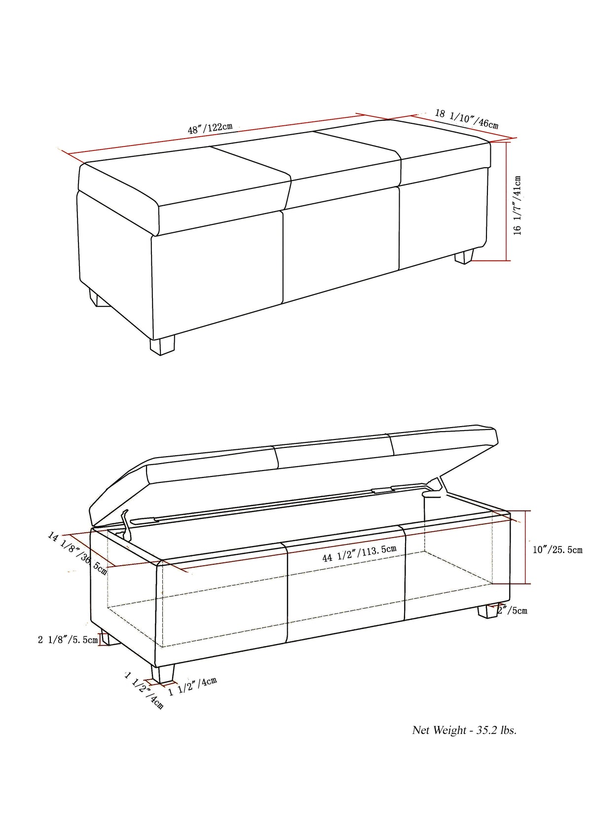 Avalon 48 Inch Wide Storage Ottoman Bench in Stone