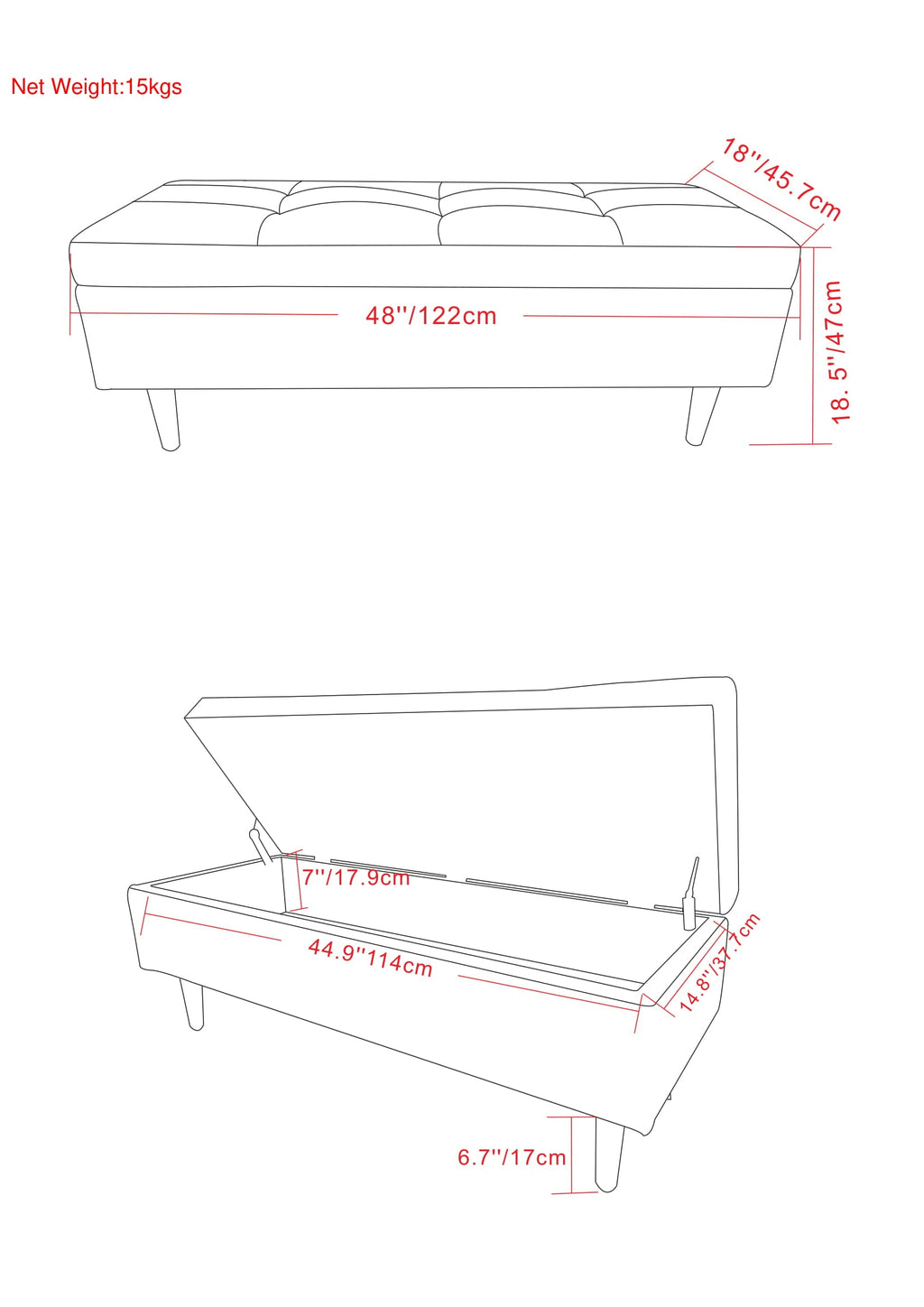 Shay 48 Inch Wide Mid-Century Rectangular Storage Ottoman