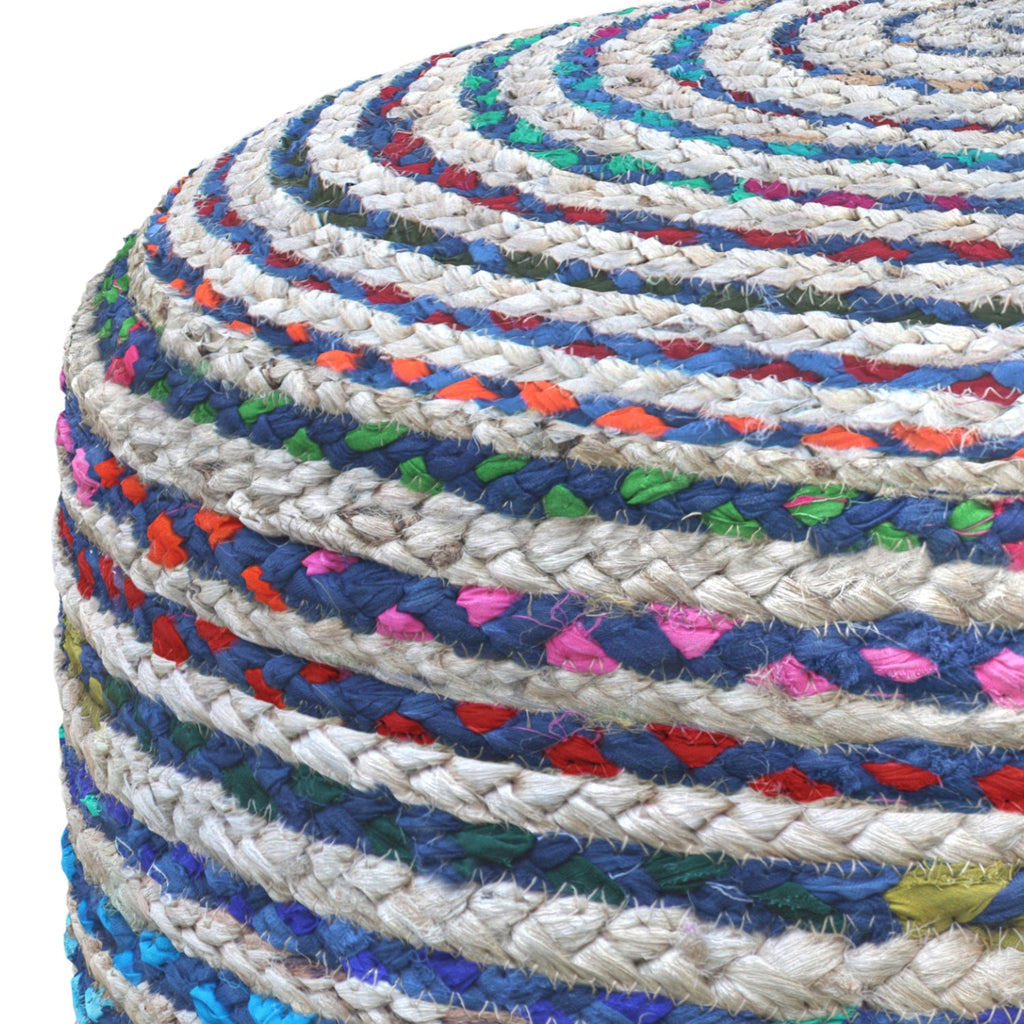 Margo 20 Inch Wide Round Pouf in Multi-Blue Handwoven Jute and Cotton