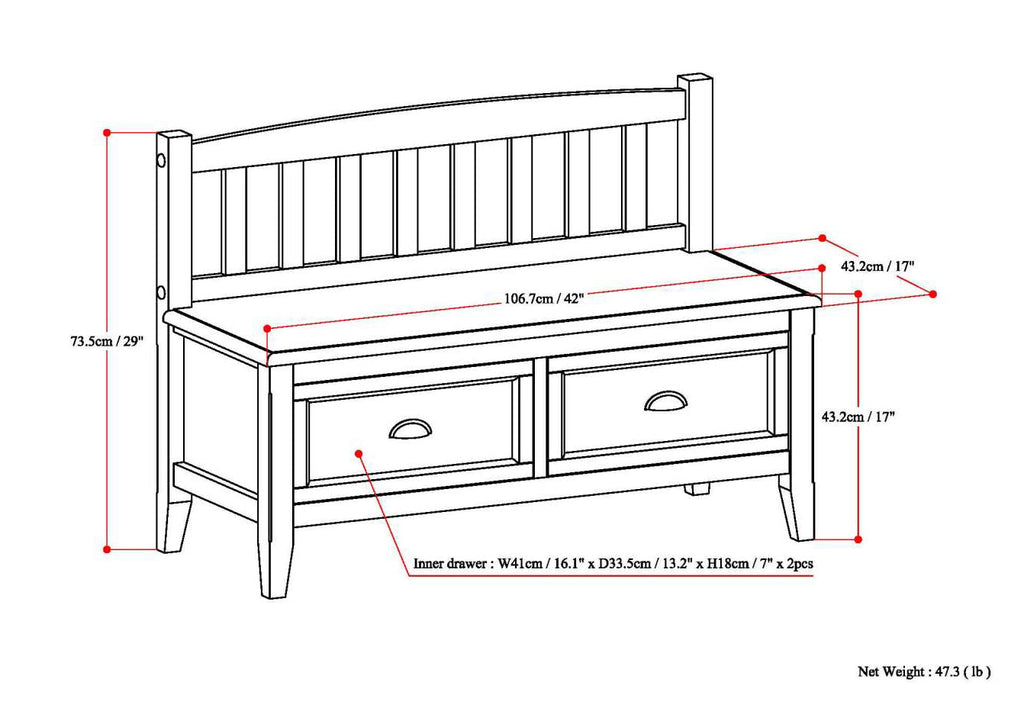 Burlington 42 Inch Wide Solid Wood Entryway Storage Bench with Drawers