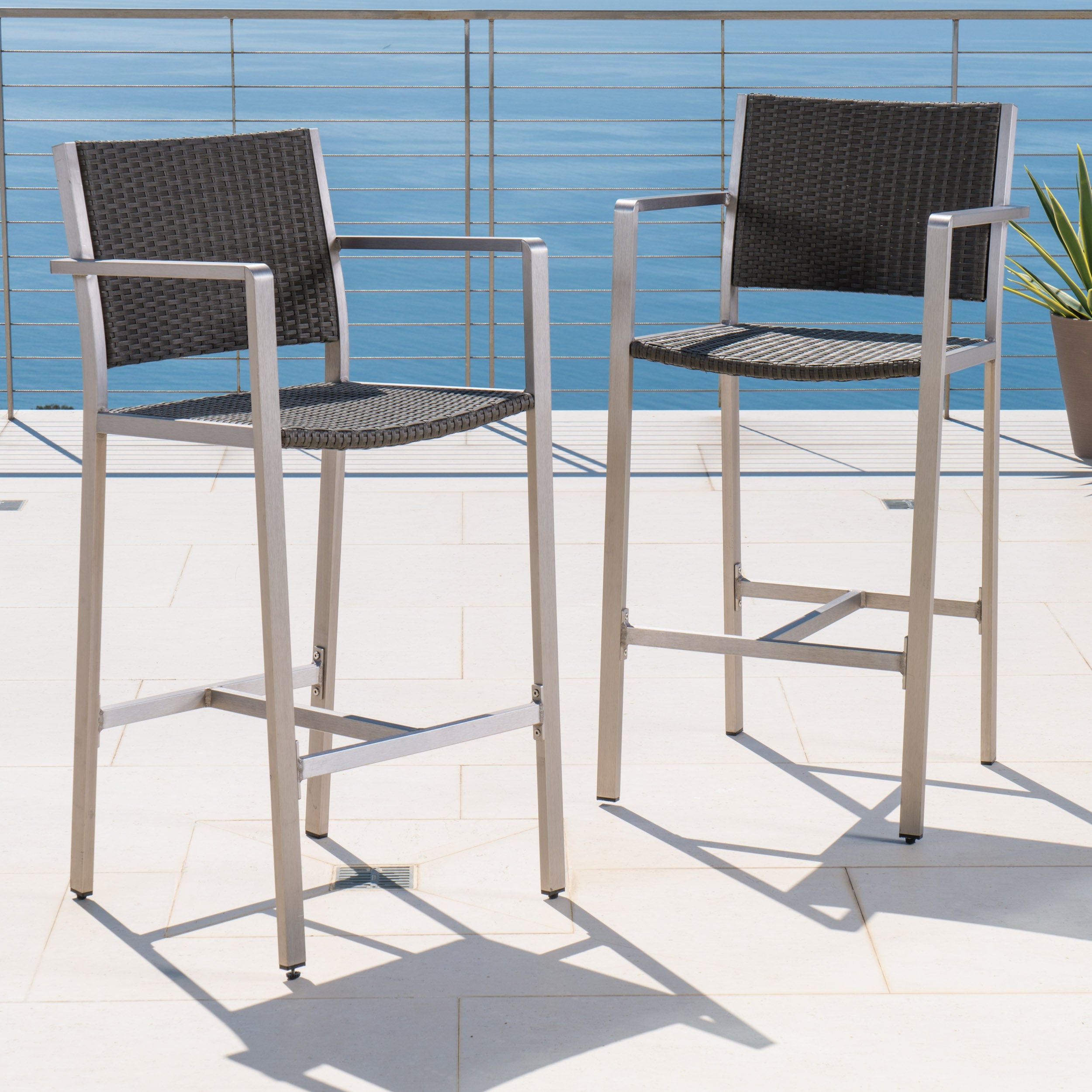 Outdoor Rust-Proof Aluminum Barstools with PE Rattan Seat - Set of 2