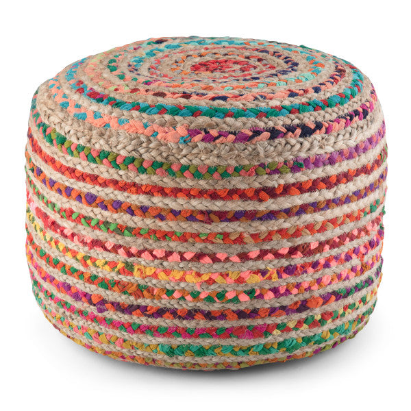 Margo 20 Inch Wide Round Pouf in Multi-Color Handwoven Jute and Cotton