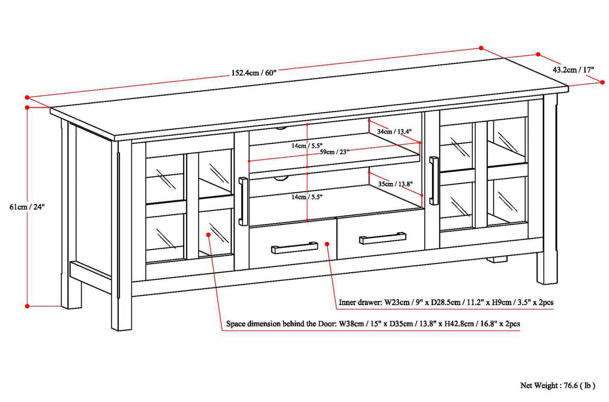 Kitchener 60 Inch Wide Solid Wood TV Stand in Hickory