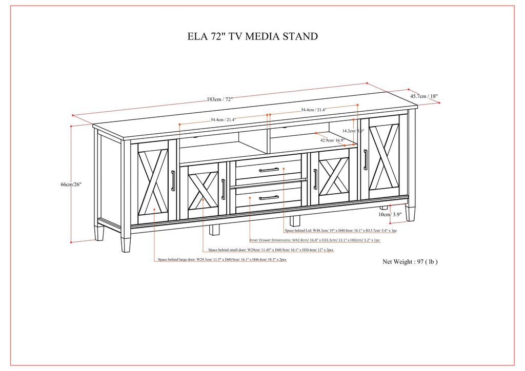 Ela 72 Inch Wide Solid Wood TV Stand in Smokey