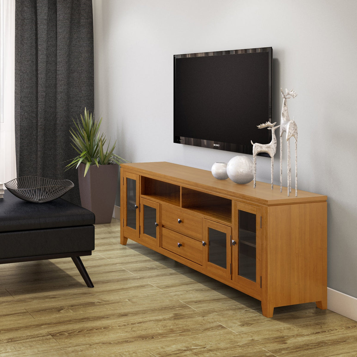 Cosmopolitan 72 Inch Wide Solid Wood TV Stand in Light Golden