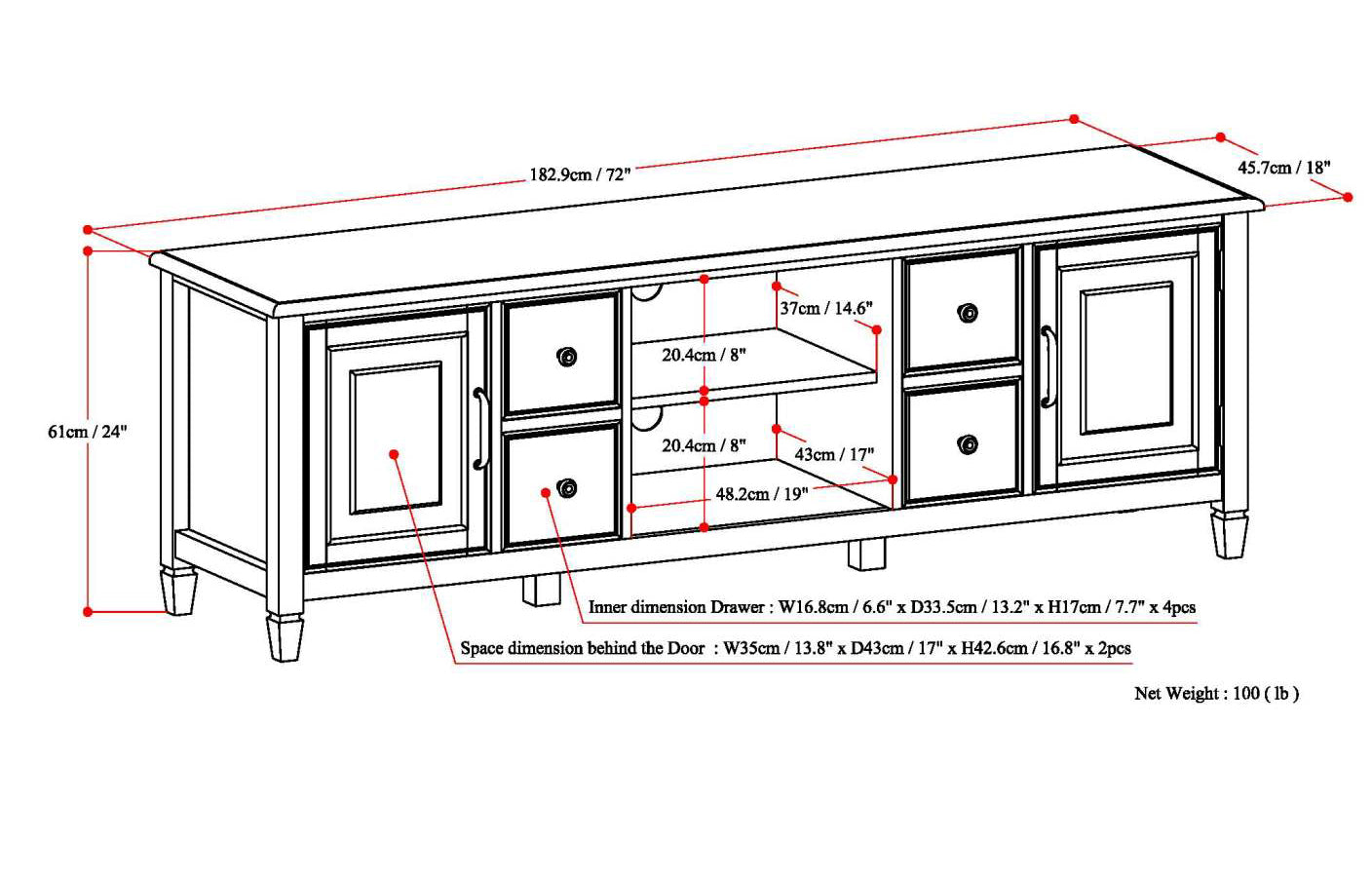 Connaught 72 Inch Wide Solid Wood TV Stand in Dark Chestnut