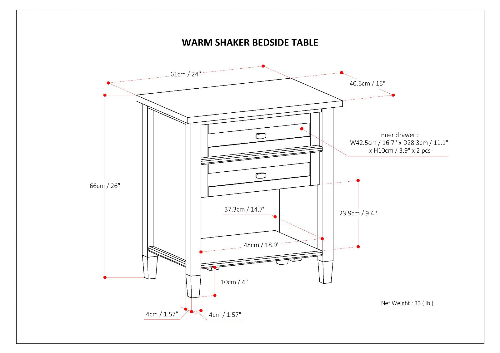 Warm Shaker Solid Wood 24 Inch Wide Transitional Nightstand in Hickory